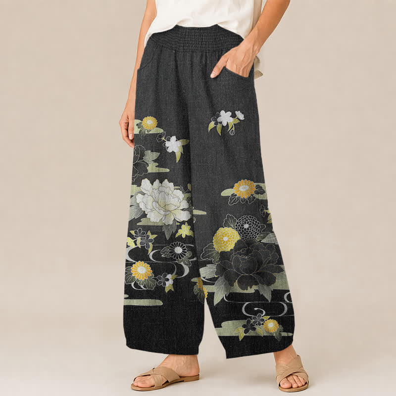 Buddha Stones Pantalones harem de algodón con estampado floral oriental de peonías, cintura elástica plisada y bolsillos para mujer. - image 1