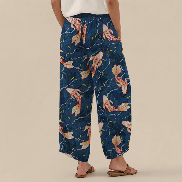 Buddha Stones Pantalones harem de algodón con estampado de olas de peces koi, cintura elástica plisada y bolsillos para mujer. - image 2
