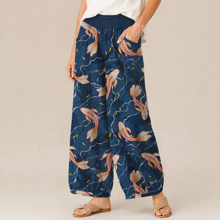 Buddha Stones Pantalones harem de algodón con estampado de olas de peces koi, cintura elástica plisada y bolsillos para mujer. - image 1