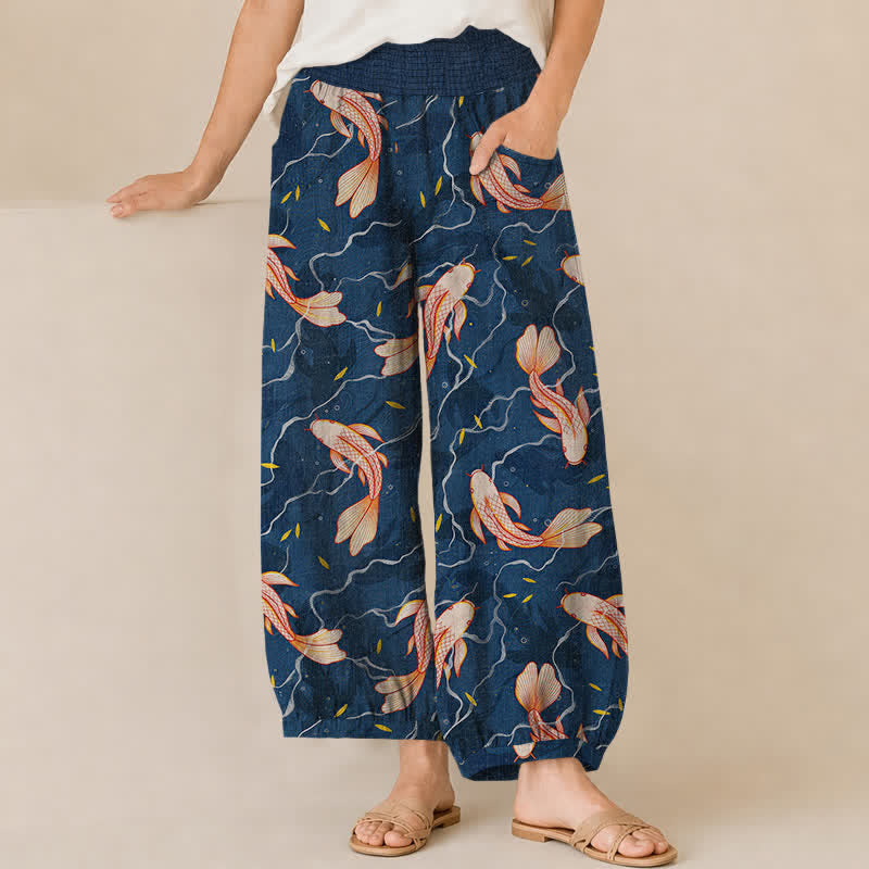Buddha Stones Pantalones harem de algodón con estampado de olas de peces koi, cintura elástica plisada y bolsillos para mujer. - Marina de guerra - US16，UK/AU20，EU48 (3XL) - image 0