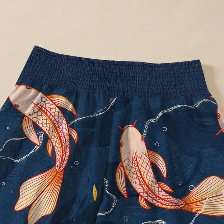 Buddha Stones Pantalones harem de algodón con estampado de olas de peces koi, cintura elástica plisada y bolsillos para mujer. - image 4