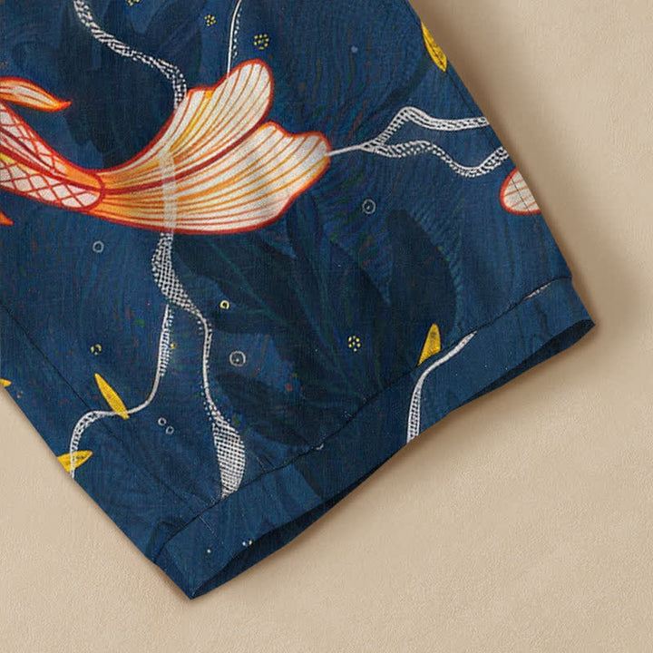 Buddha Stones Pantalones harem de algodón con estampado de olas de peces koi, cintura elástica plisada y bolsillos para mujer. - image 5