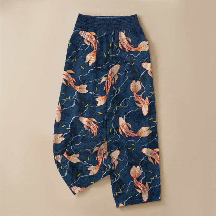 Buddha Stones Pantalones harem de algodón con estampado de olas de peces koi, cintura elástica plisada y bolsillos para mujer. - image 3