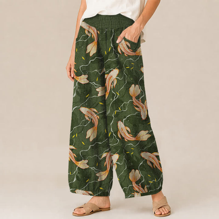 Buddha Stones Pantalones harem de algodón con estampado de olas de peces koi, cintura elástica plisada y bolsillos para mujer. - image 7