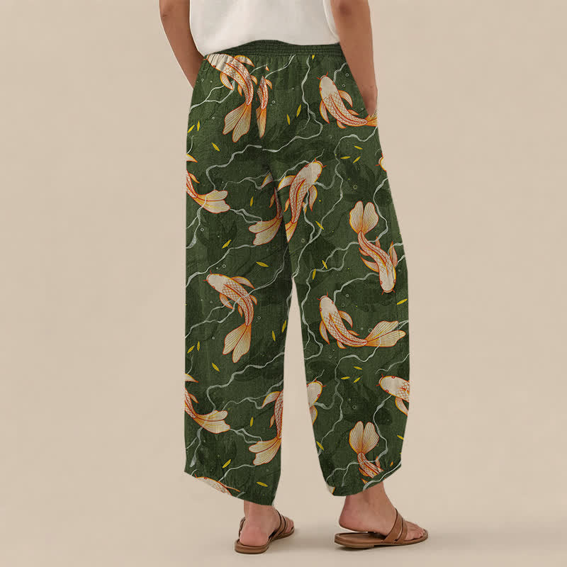 Buddha Stones Pantalones harem de algodón con estampado de olas de peces koi, cintura elástica plisada y bolsillos para mujer. - image 8