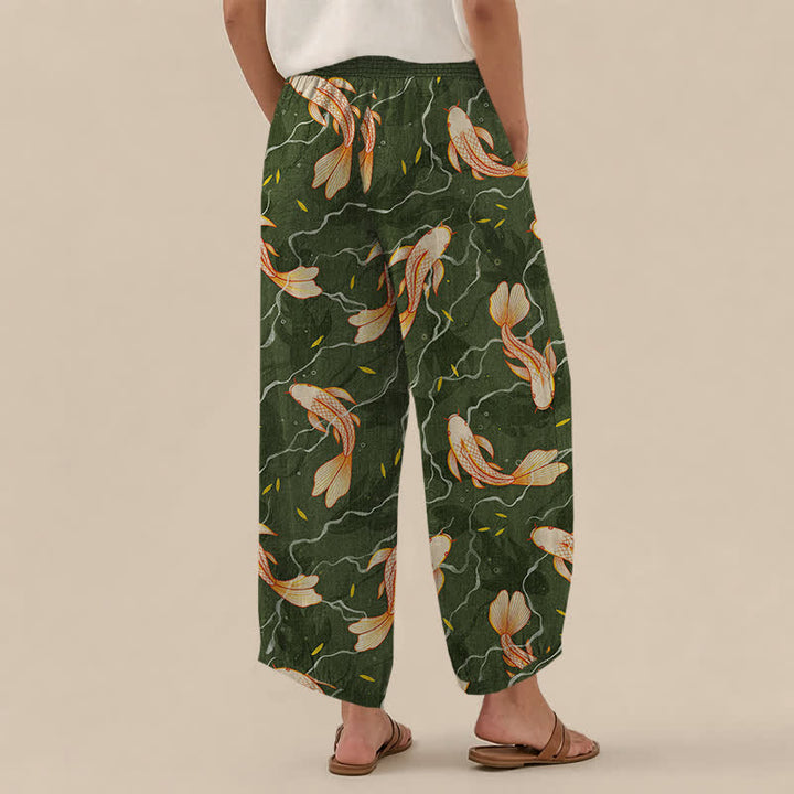 Buddha Stones Pantalones harem de algodón con estampado de olas de peces koi, cintura elástica plisada y bolsillos para mujer. - image 8