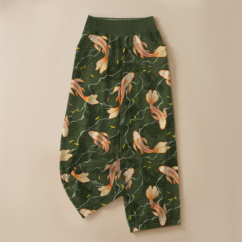Buddha Stones Pantalones harem de algodón con estampado de olas de peces koi, cintura elástica plisada y bolsillos para mujer. - image 9