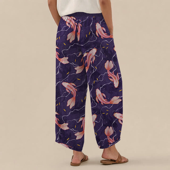 Buddha Stones Pantalones harem de algodón con estampado de olas de peces koi, cintura elástica plisada y bolsillos para mujer. - image 12