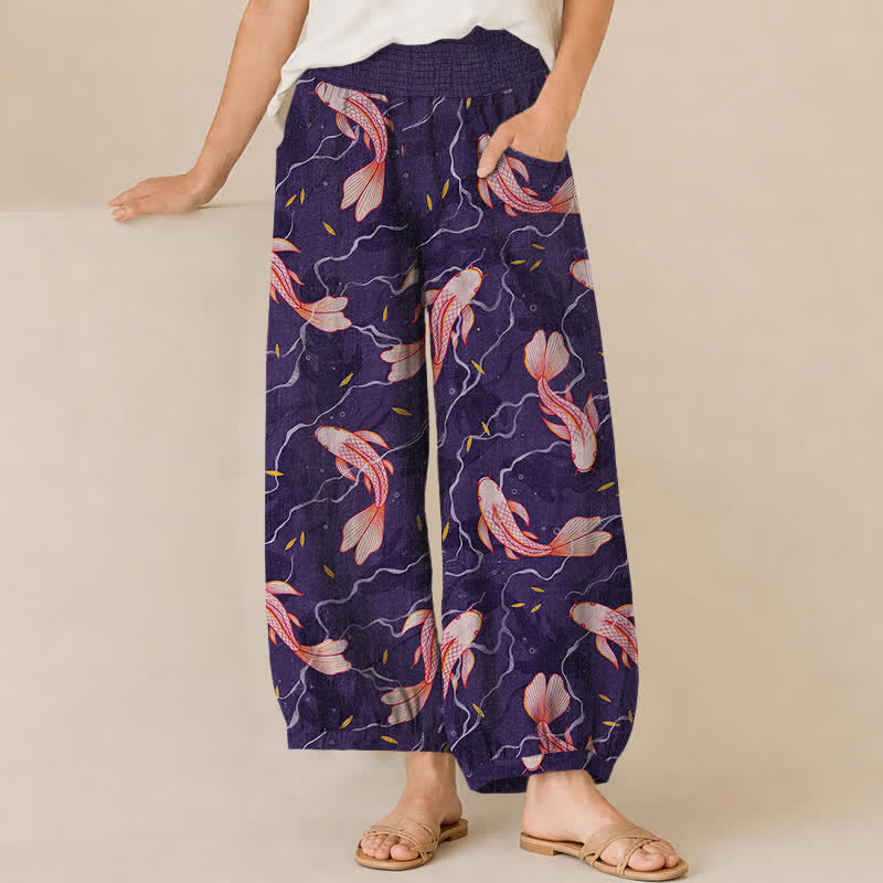 Buddha Stones Pantalones harem de algodón con estampado de olas de peces koi, cintura elástica plisada y bolsillos para mujer. - Índigo - US16，UK/AU20，EU48 (3XL) - image 10