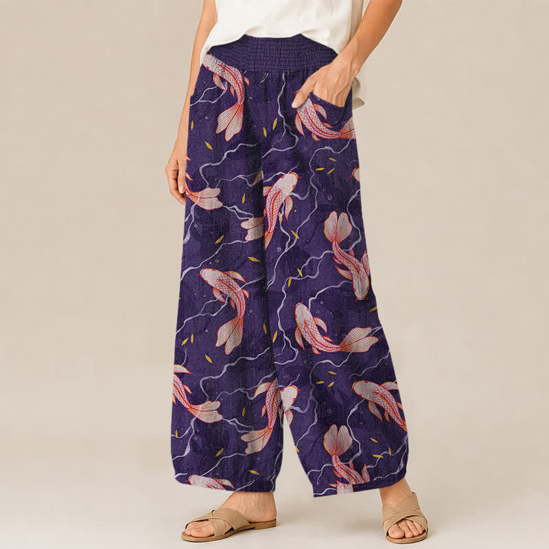 Buddha Stones Pantalones harem de algodón con estampado de olas de peces koi, cintura elástica plisada y bolsillos para mujer. - image 11