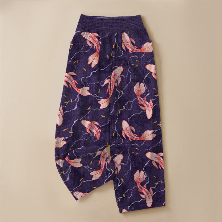 Buddha Stones Pantalones harem de algodón con estampado de olas de peces koi, cintura elástica plisada y bolsillos para mujer. - image 13