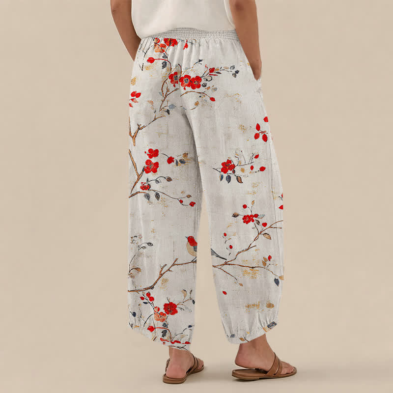 Buddha Stones Pantalones harem para mujer con estampado de flores de algodón, ramas, pájaros, cintura elástica plisada y bolsillos. - image 2