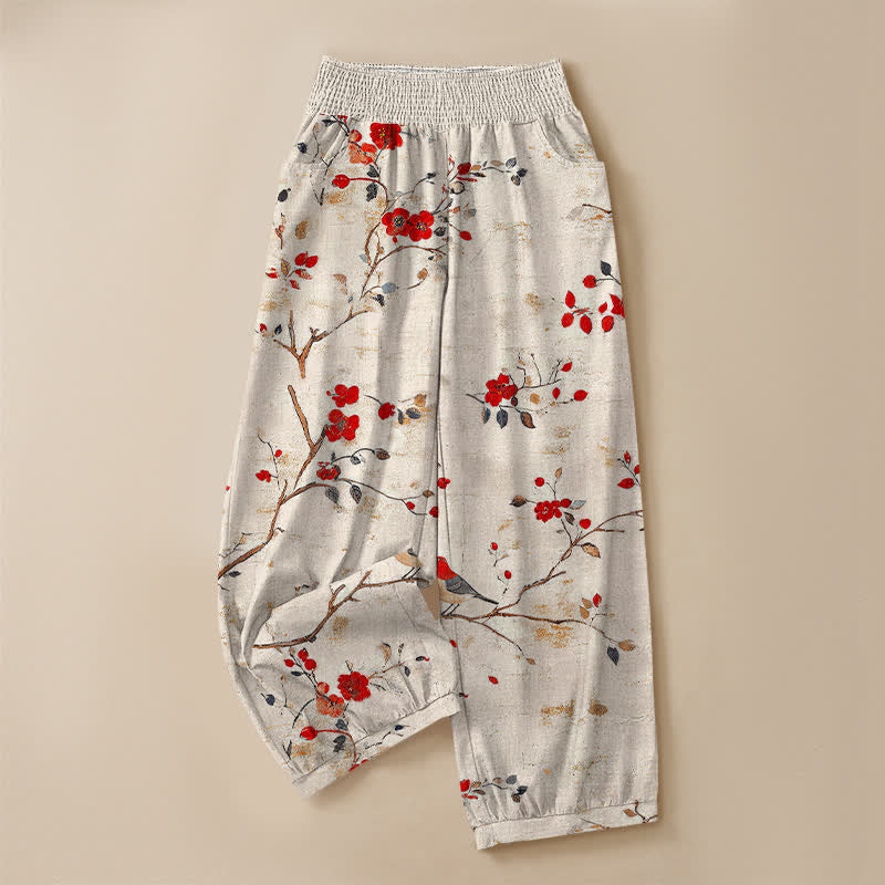 Buddha Stones Pantalones harem para mujer con estampado de flores de algodón, ramas, pájaros, cintura elástica plisada y bolsillos. - image 3