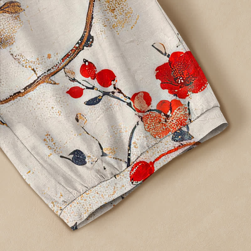 Buddha Stones Pantalones harem para mujer con estampado de flores de algodón, ramas, pájaros, cintura elástica plisada y bolsillos. - image 5