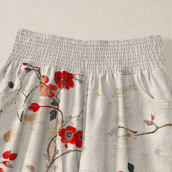 Buddha Stones Pantalones harem para mujer con estampado de flores de algodón, ramas, pájaros, cintura elástica plisada y bolsillos. - image 4