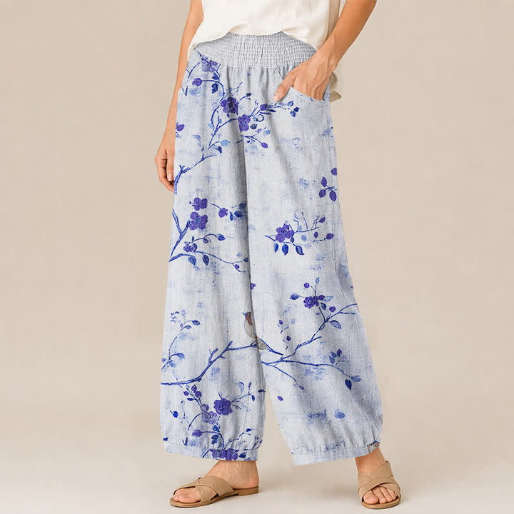 Buddha Stones Pantalones harem para mujer con estampado de flores de algodón, ramas, pájaros, cintura elástica plisada y bolsillos. - image 7
