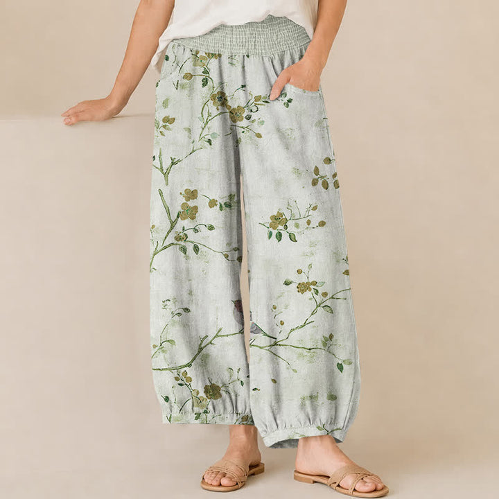 Buddha Stones Pantalones harem para mujer con estampado de flores de algodón, ramas, pájaros, cintura elástica plisada y bolsillos. - Crema de menta - US16，UK/AU20，EU48 (3XL) - image 10