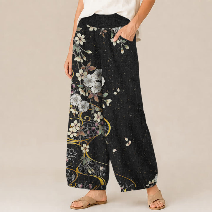 Buddha Stones Pantalones harem de algodón asimétricos con estampado floral de enredaderas, cintura elástica plisada y bolsillos para mujer. - image 1