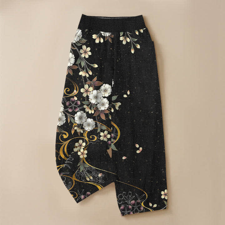 Buddha Stones Pantalones harem de algodón asimétricos con estampado floral de enredaderas, cintura elástica plisada y bolsillos para mujer. - image 3