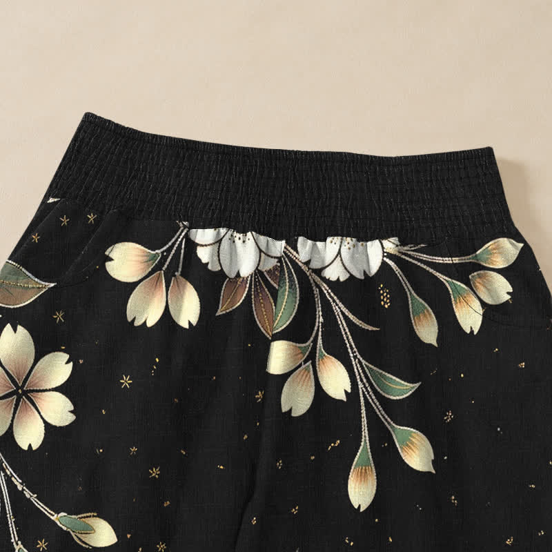 Buddha Stones Pantalones harem de algodón asimétricos con estampado floral de enredaderas, cintura elástica plisada y bolsillos para mujer. - image 4