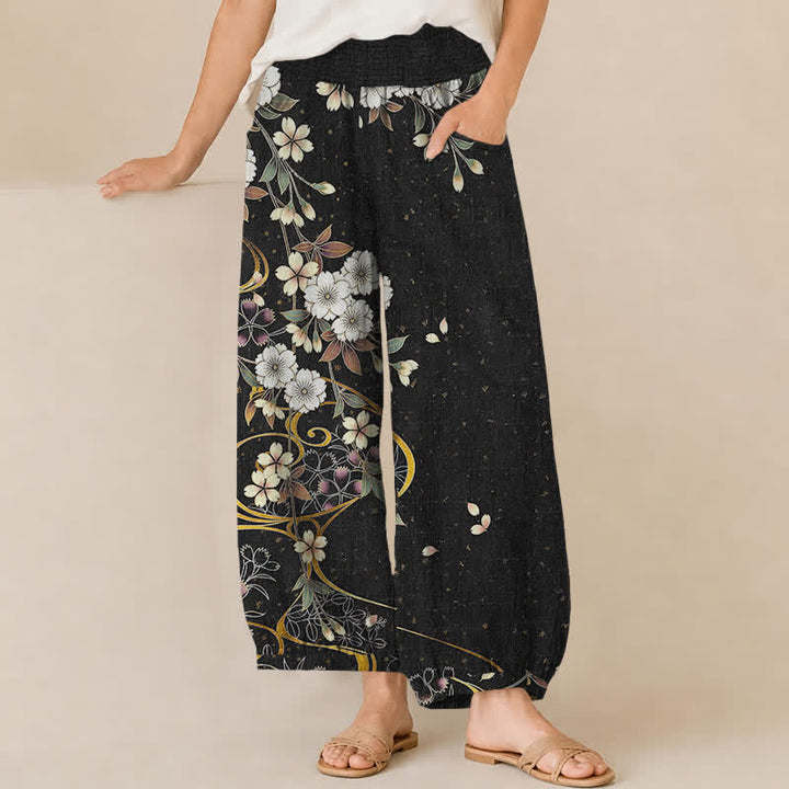 Buddha Stones Pantalones harem de algodón asimétricos con estampado floral de enredaderas, cintura elástica plisada y bolsillos para mujer. - Negro - US16，UK/AU20，EU48 (3XL) - image 0