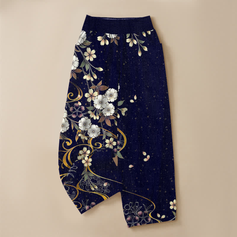 Buddha Stones Pantalones harem de algodón asimétricos con estampado floral de enredaderas, cintura elástica plisada y bolsillos para mujer. - image 9