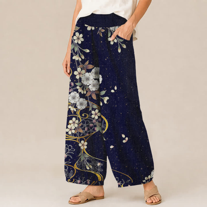 Buddha Stones Pantalones harem de algodón asimétricos con estampado floral de enredaderas, cintura elástica plisada y bolsillos para mujer. - image 7