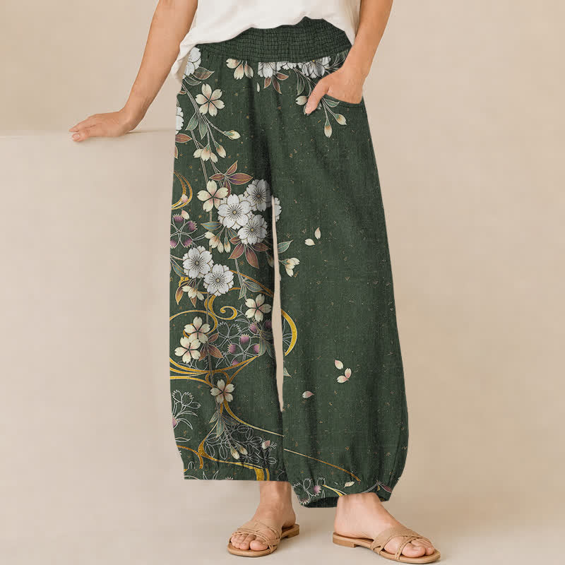 Buddha Stones Pantalones harem de algodón asimétricos con estampado floral de enredaderas, cintura elástica plisada y bolsillos para mujer. - Verde bosque - US16，UK/AU20，EU48 (3XL) - image 10