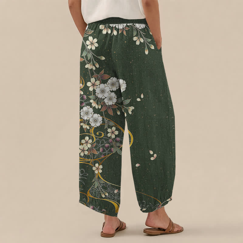 Buddha Stones Pantalones harem de algodón asimétricos con estampado floral de enredaderas, cintura elástica plisada y bolsillos para mujer. - image 12