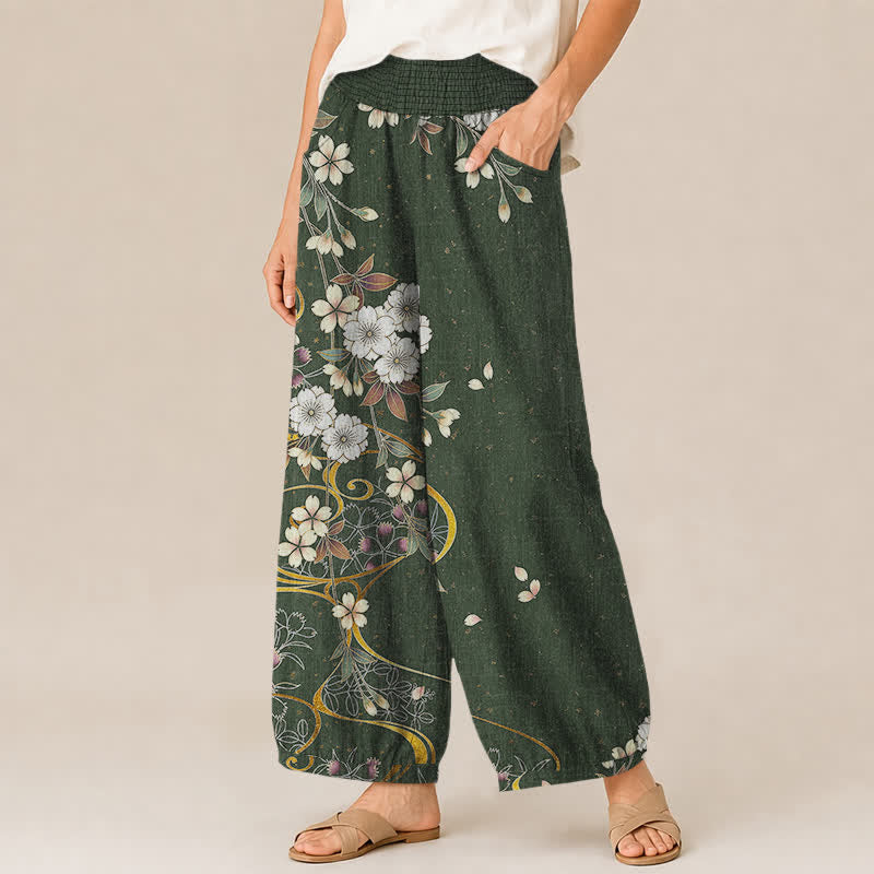 Buddha Stones Pantalones harem de algodón asimétricos con estampado floral de enredaderas, cintura elástica plisada y bolsillos para mujer. - image 11