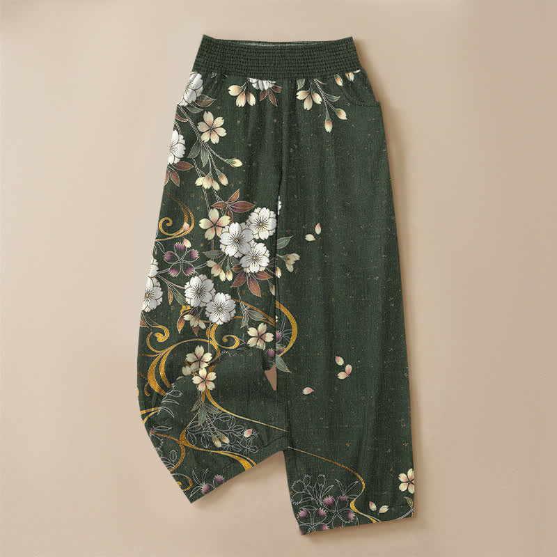 Buddha Stones Pantalones harem de algodón asimétricos con estampado floral de enredaderas, cintura elástica plisada y bolsillos para mujer. - image 13