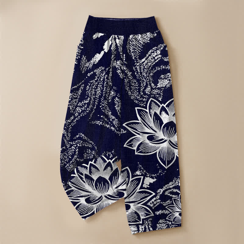 Buddha Stones Pantalones harem de algodón blanco con estampado floral de loto, cintura elástica plisada y bolsillos para mujer. - image 3