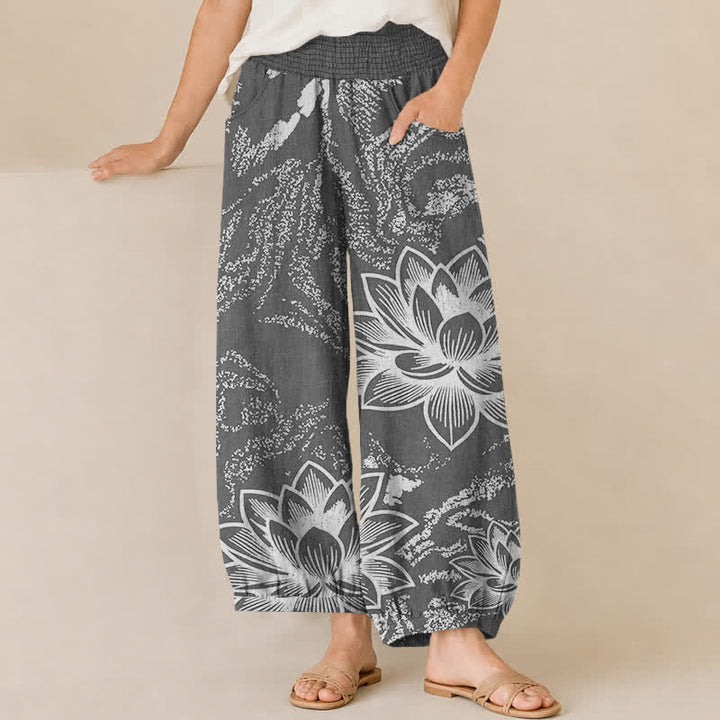 Buddha Stones Pantalones harem de algodón blanco con estampado floral de loto, cintura elástica plisada y bolsillos para mujer. - Gris - US16，UK/AU20，EU48 (3XL) - image 6