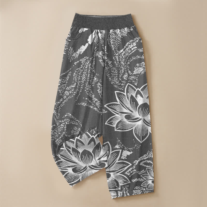 Buddha Stones Pantalones harem de algodón blanco con estampado floral de loto, cintura elástica plisada y bolsillos para mujer. - image 9
