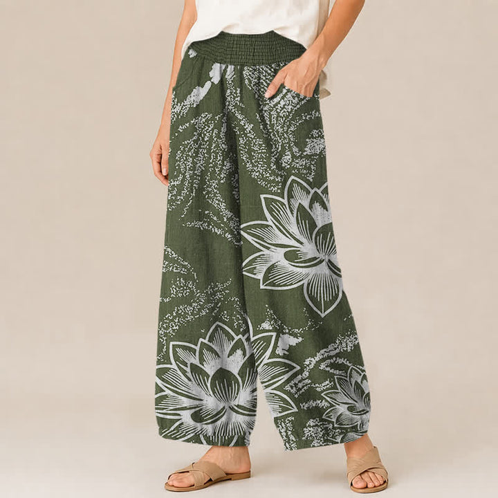 Buddha Stones Pantalones harem de algodón blanco con estampado floral de loto, cintura elástica plisada y bolsillos para mujer. - image 11