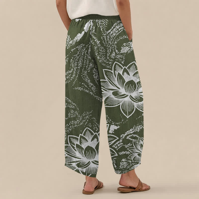 Buddha Stones Pantalones harem de algodón blanco con estampado floral de loto, cintura elástica plisada y bolsillos para mujer. - image 12