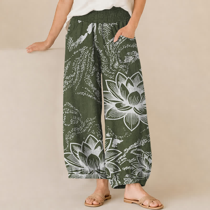 Buddha Stones Pantalones harem de algodón blanco con estampado floral de loto, cintura elástica plisada y bolsillos para mujer. - Verde oliva oscuro - US16，UK/AU20，EU48 (3XL) - image 10