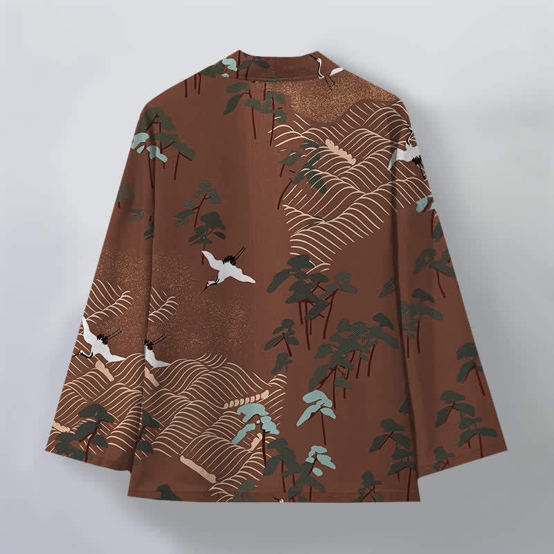 Buddha Stones Kimono de hombre con frente abierto, estampado de grullas blancas de algodón y ondas fluidas. - image 2
