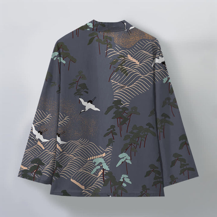 Buddha Stones Kimono de hombre con frente abierto, estampado de grullas blancas de algodón y ondas fluidas. - image 8