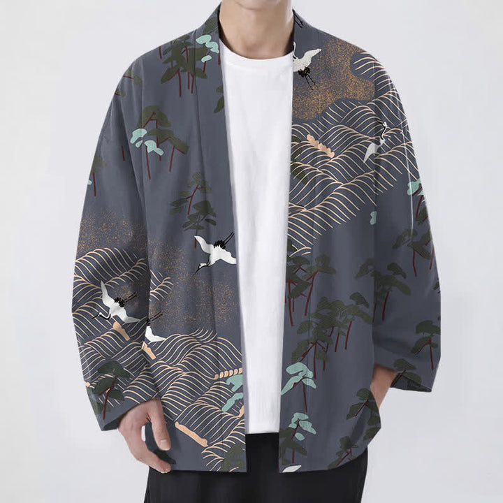 Buddha Stones Kimono de hombre con frente abierto, estampado de grullas blancas de algodón y ondas fluidas. - Gris pizarra claro - US/UK/AU48, UE58 (4XL) - image 6