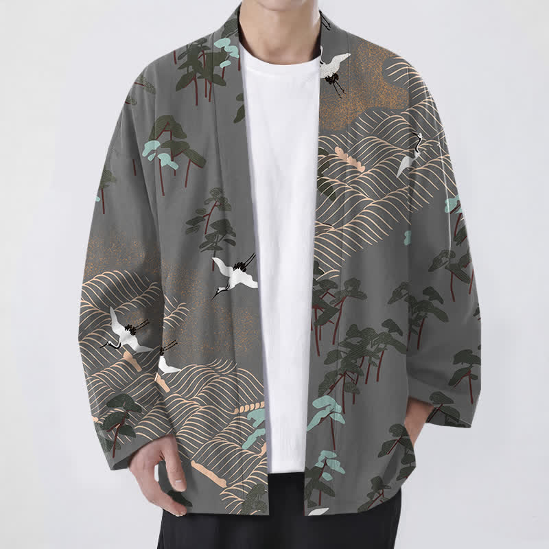 Buddha Stones Kimono de hombre con frente abierto, estampado de grullas blancas de algodón y ondas fluidas. - Gris oscuro - US/UK/AU48, UE58 (4XL) - image 9