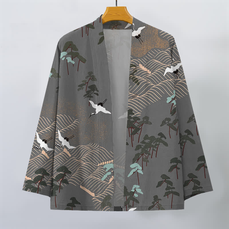 Buddha Stones Kimono de hombre con frente abierto, estampado de grullas blancas de algodón y ondas fluidas. - image 10