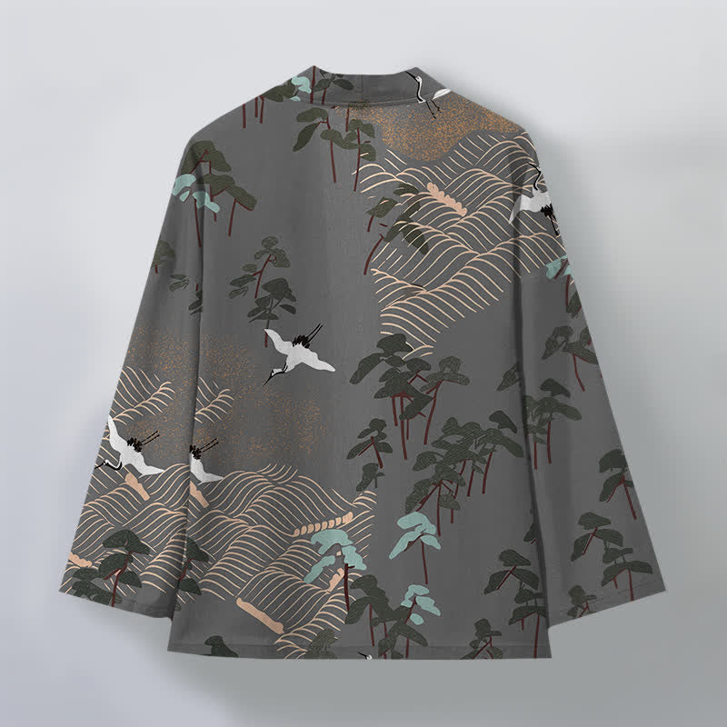Buddha Stones Kimono de hombre con frente abierto, estampado de grullas blancas de algodón y ondas fluidas. - image 11