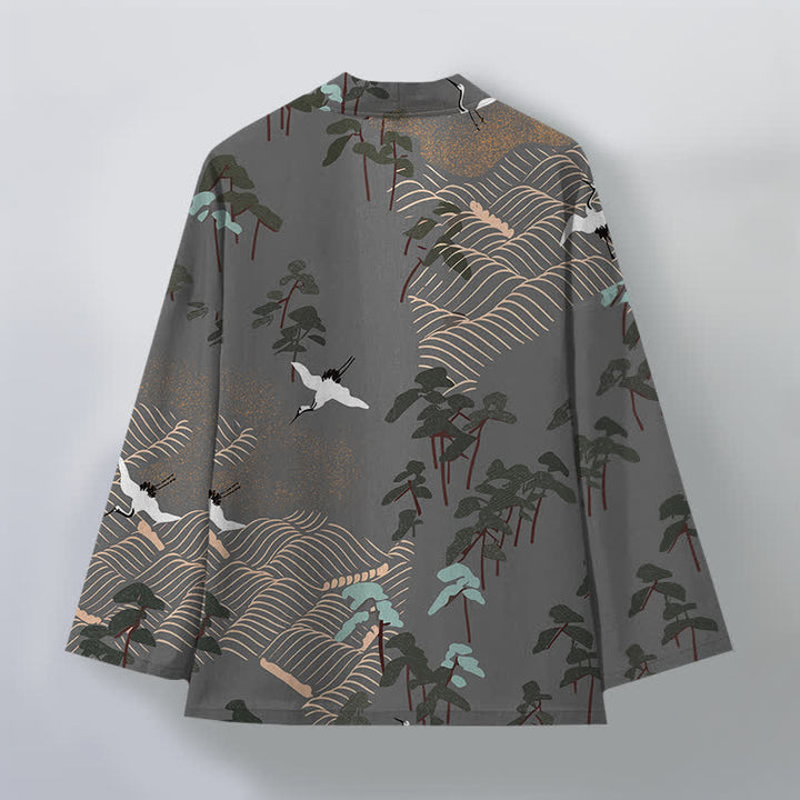 Buddha Stones Kimono de hombre con frente abierto, estampado de grullas blancas de algodón y ondas fluidas. - image 11