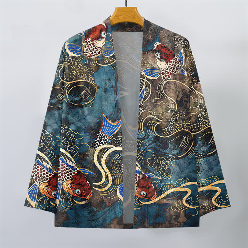Buddha Stones Kimono de hombre de algodón rojo con estampado de peces koi y olas doradas, con frente abierto. - image 7