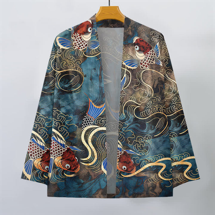 Buddha Stones Kimono de hombre de algodón rojo con estampado de peces koi y olas doradas, con frente abierto. - image 7