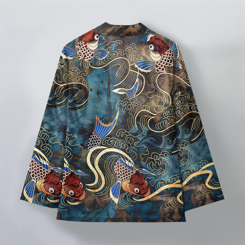 Buddha Stones Kimono de hombre de algodón rojo con estampado de peces koi y olas doradas, con frente abierto. - image 8
