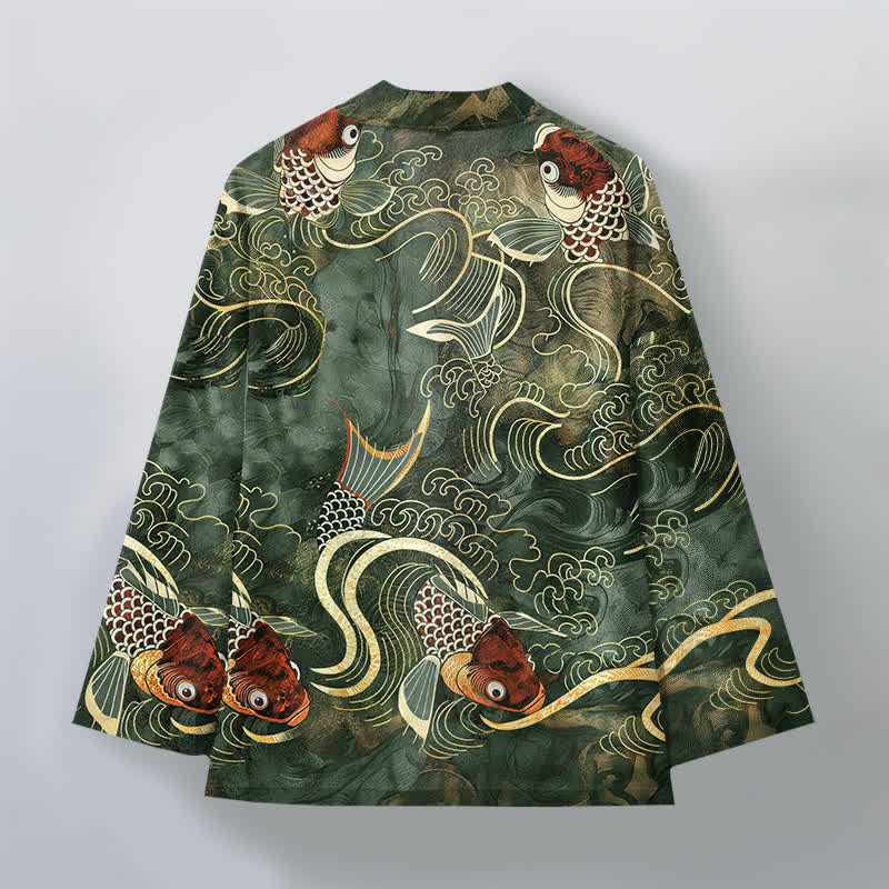 Buddha Stones Kimono de hombre de algodón rojo con estampado de peces koi y olas doradas, con frente abierto. - image 11