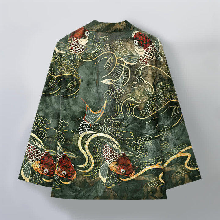 Buddha Stones Kimono de hombre de algodón rojo con estampado de peces koi y olas doradas, con frente abierto. - image 11