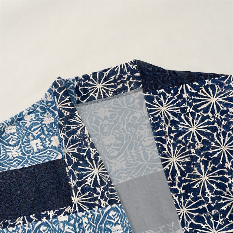 Buddha Stones Kimono de hombre con abertura frontal, estampado geométrico de bloques y patchwork de algodón. - image 3